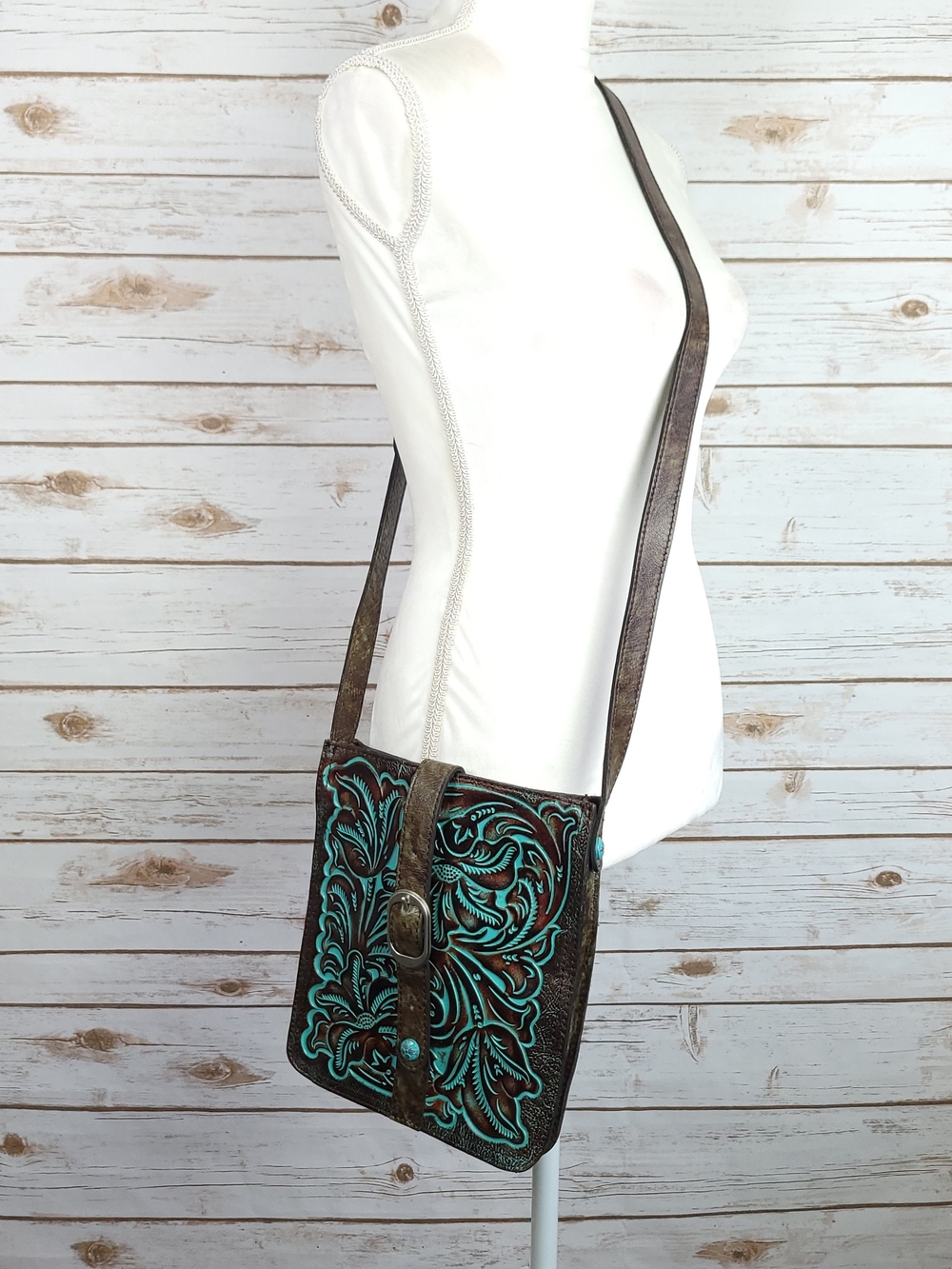 Patricia Nash Leather Venezia Pouch Crossbody Strap Turquoise Hand Tooled